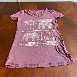 Urban X Boho Elephant Graphic Tee Women's V-Neck Top‎ Made in USA PINK  Purple M